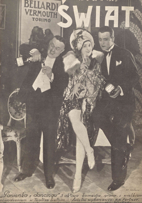 A. Fertner, M. Gorczyńska, L. Łuszczewski w sztuce Panienka z dancingu T. Letni Warszawa (Świat, nr 8, 1929)