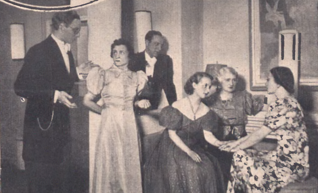 A. Młodnicki, J. Porębska, W. Domański, N. Veith, K. Żbikowska, J. Zaklicka w sztuce Miss Hobss T. Polski Poznań (Ilustracja Polska nr 29, 1938)