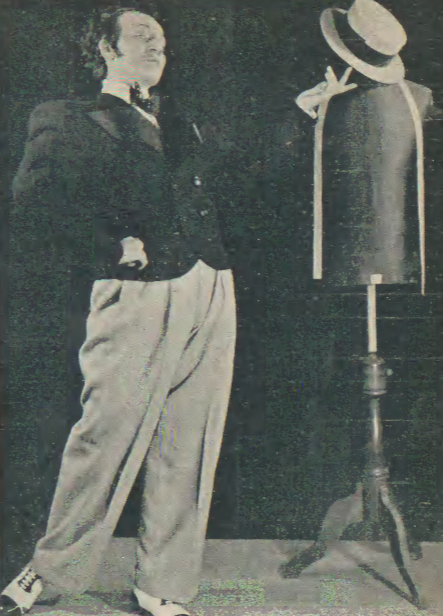 D. Kalinówna jako krawiec James Nadelknopf w programie Pod włos t. Cyrulik Warszawski (Świat, nr 33, 1935)