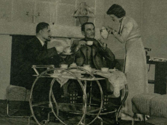 E. Szafrański (Derucki), L. Skwierczyński (Grom), T. Koronkiewicz (Mona) w sztuce Dlaczego zaraz tragedia (T. Miejski Bydgoszcz, 1939)