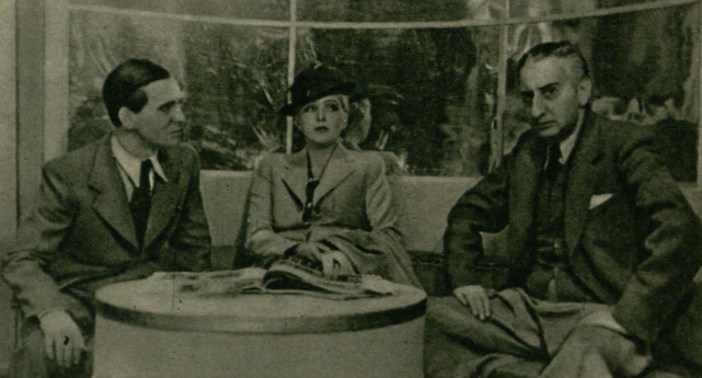 W. Lasoń (Dziennikarz), Z. Ślaska (Irena Gorel), A. Łodziński (Garard) w sztuce Mała Kitty i wielka polityka ( T. Miejski Wilno, 1939)